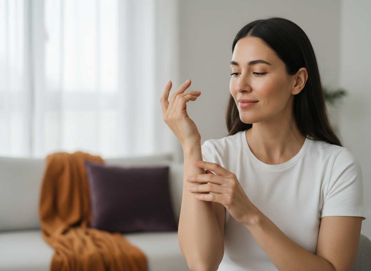 A person with smooth, healthy, hydrated skin looking relaxed and confident in soft natural light.courierpharmacy.co.uk