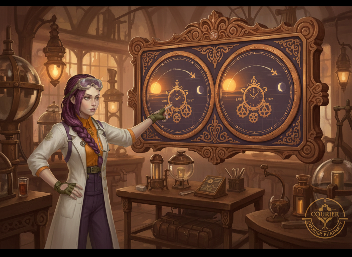 Technical comparison image for courierpharmacy.co.uk showing eastward travel compressing the day and westward travel stretching it, with sun and moon icons and shifting clock hands to explain why east is harder.