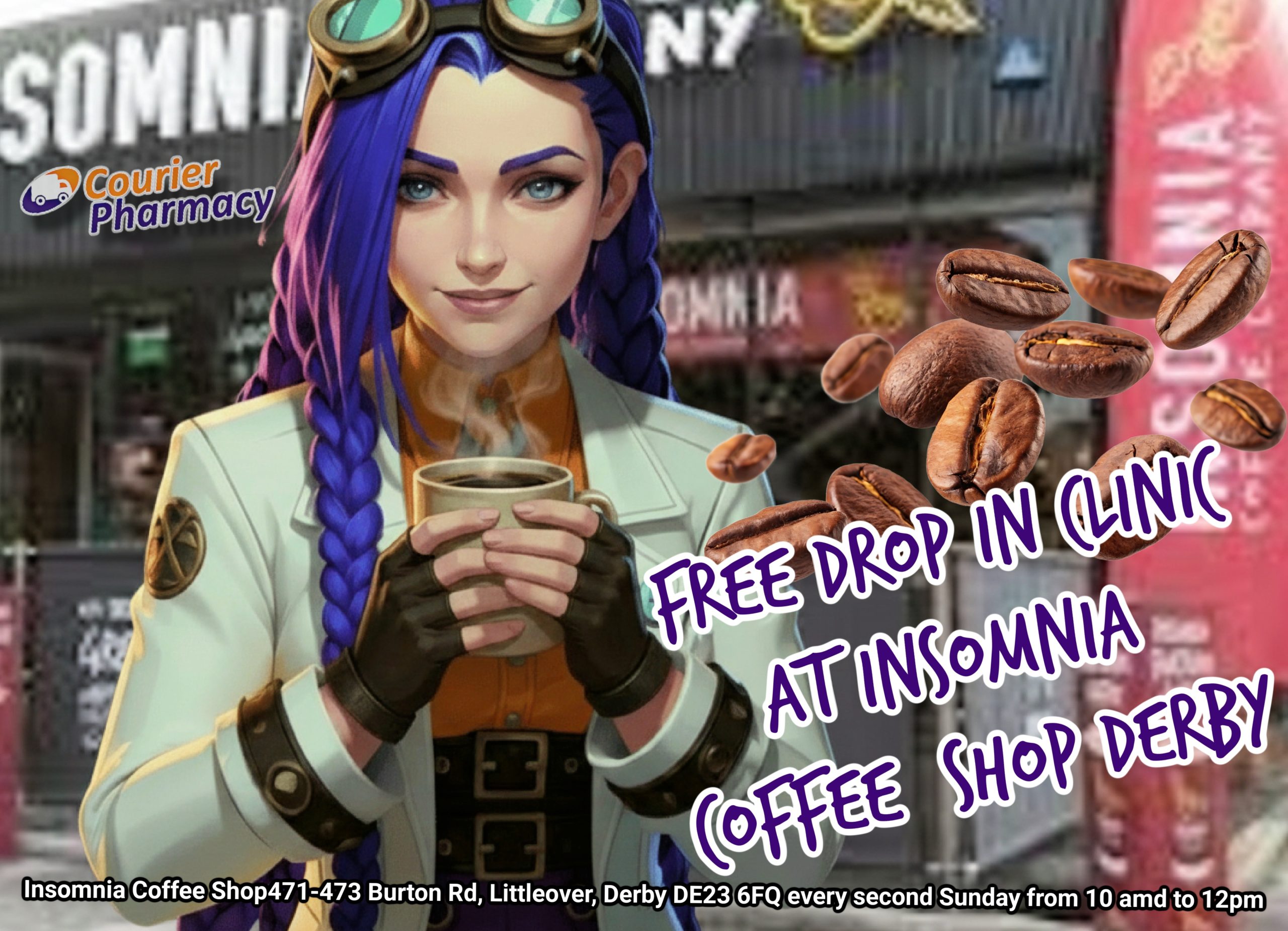 Free drop in clinic by courierpharmacy.co.uk at Insomnia Coffee Shop Derby Free drop in clinic by courierpharmacy.co.uk at Insomnia Coffee Shop Derby