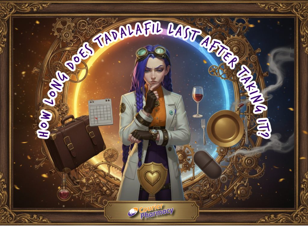 courierpharmacy.co.uk hero image for “How long does Tadalafil last after taking it” showing Dr Ada Jex Cori in a steampunk collage with a clockwork day-to-night arc, suitcase, calendar, wine glass, dinner plate and tablet icon, representing tadalafil’s long duration and real-life timing.