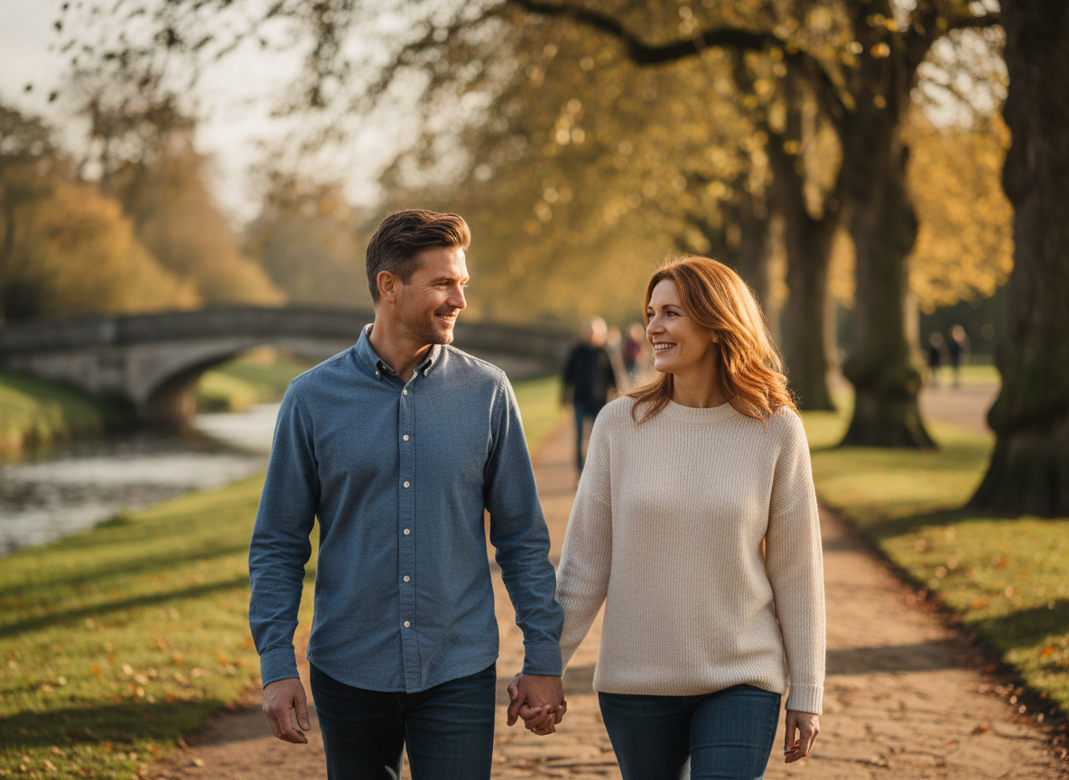 How long does Tadalafil last after taking it – happy couple walking in a UK park | courierpharmacy.co.uk courierpharmacy.co.uk image for “How long does Tadalafil last after taking it” showing a smiling couple holding hands and walking along a riverside path in a UK park at golden hour, representing confidence and connection.