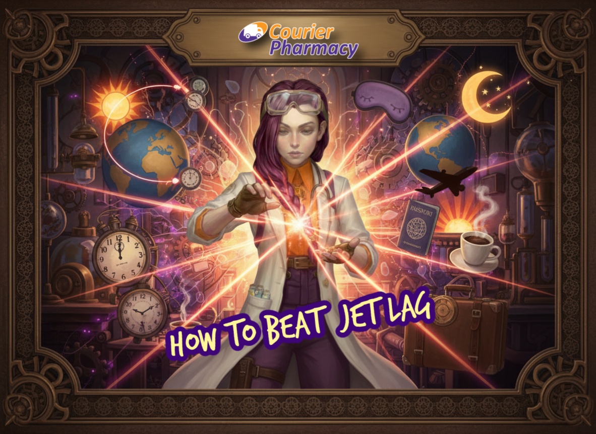 Dr Ada Jex Cori in her steampunk lab for courierpharmacy.co.uk, surrounded by clocks, a plane route over a world map, sunrise and night symbols, and light beams showing how jet lag happens.