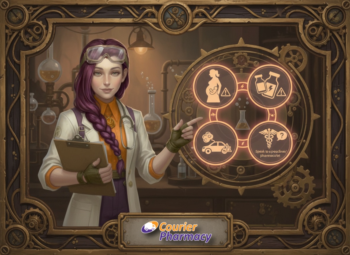 Dr Ada Jex Cori for courierpharmacy.co.uk in a consultation scene with a clipboard and medicine icons, showing that melatonin needs a suitability check and can interact with other medicines.