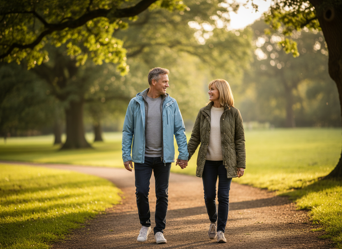 courierpharmacy.co.uk image of a middle-aged man and woman walking hand in hand along a park path in warm afternoon light, smiling and relaxed in a UK outdoor setting.