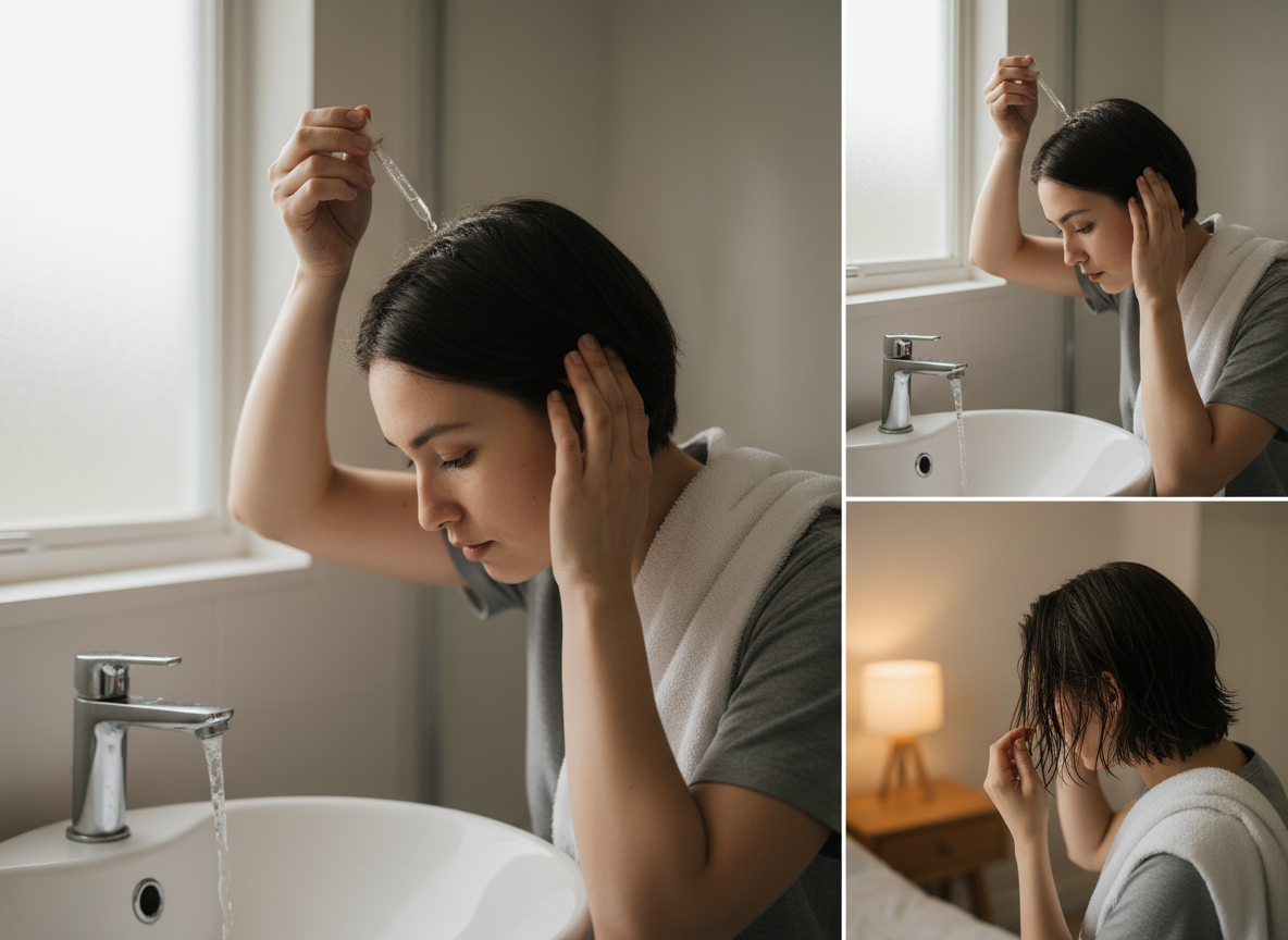 Real-life style image showing correct topical minoxidil application technique to reduce irritation and transfer on courierpharmacy.co.uk.