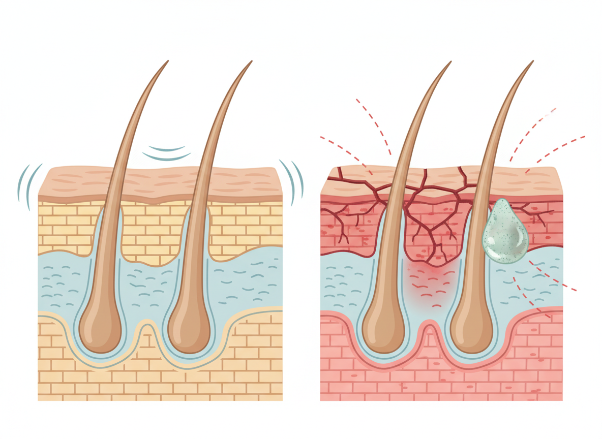 Technical cutaway showing scalp barrier irritation from topical minoxidil formulations such as propylene glycol on courierpharmacy.co.uk.