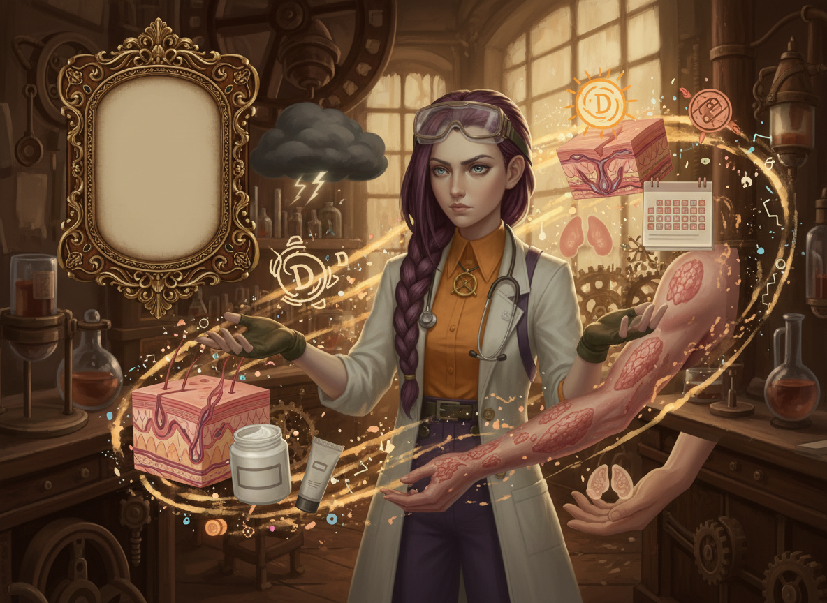 Dr Ada Jex Cori in a steampunk lab collage showing psoriasis plaques, skin layers, immune activity and treatment symbols for courierpharmacy.co.uk.