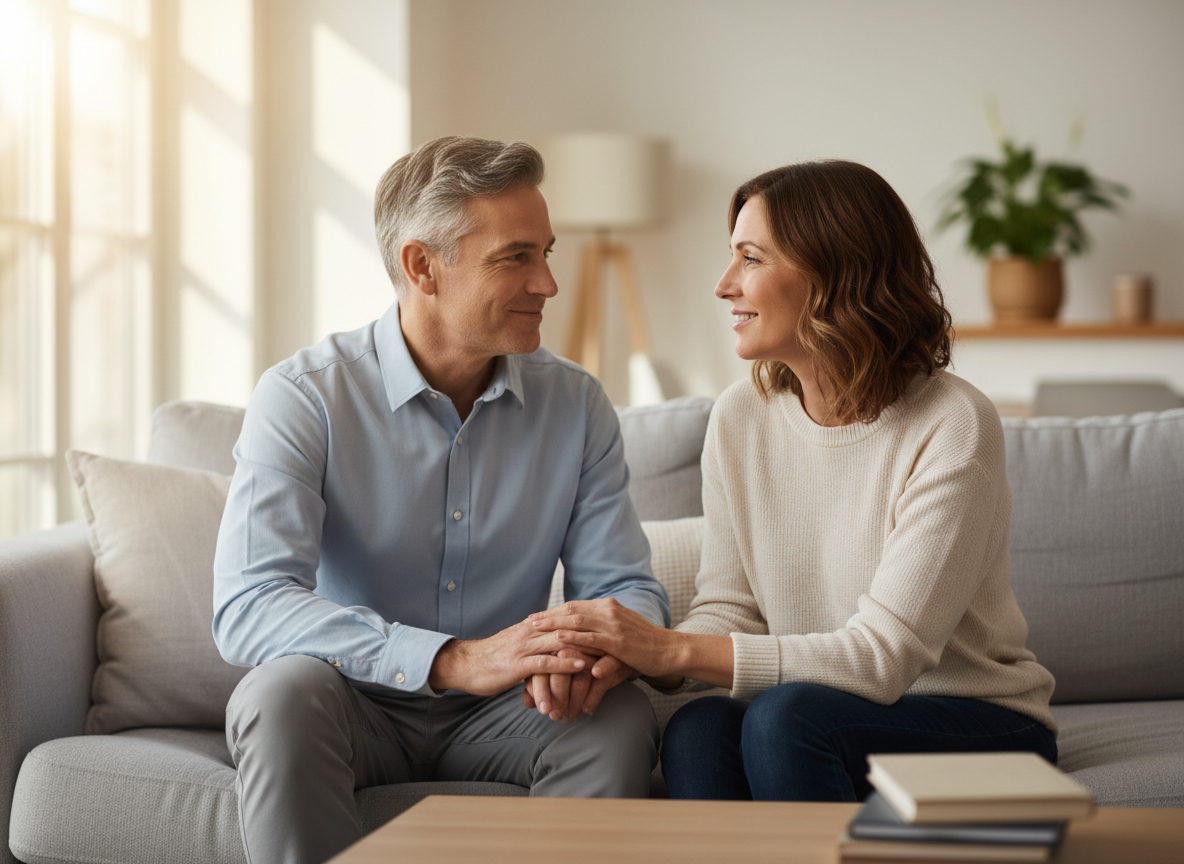 Real-life style image of a relaxed couple at home, showing confidence and closeness after getting the right support for erectile dysfunction.