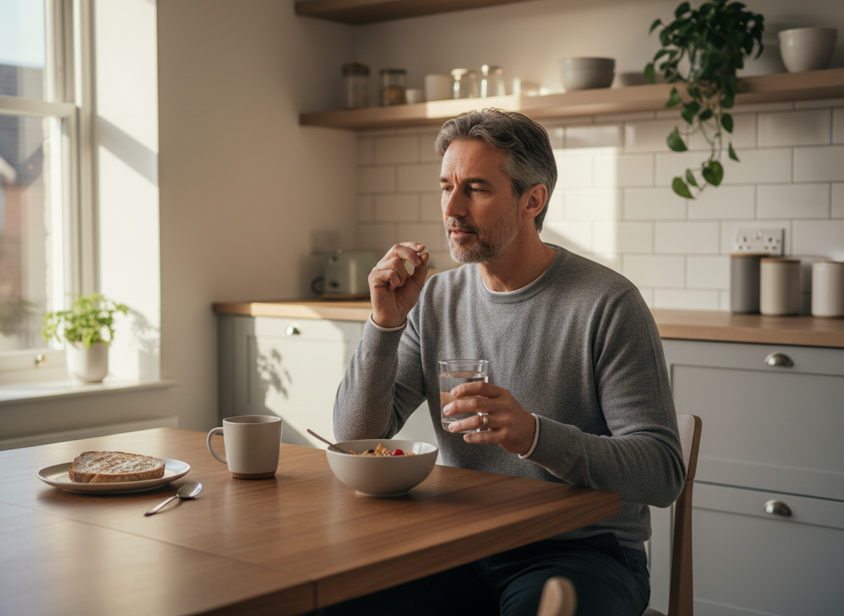 Real-life style image of a man taking a tablet with breakfast and water, showing a calm daily routine for tadalafil 5mg.