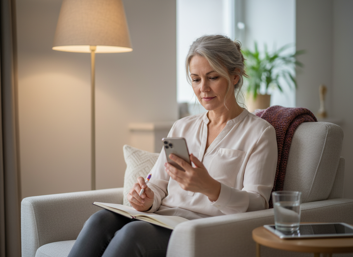Real-life style image for courierpharmacy.co.uk of a woman using a laptop for a discreet online healthcare consultation about vaginal dryness.