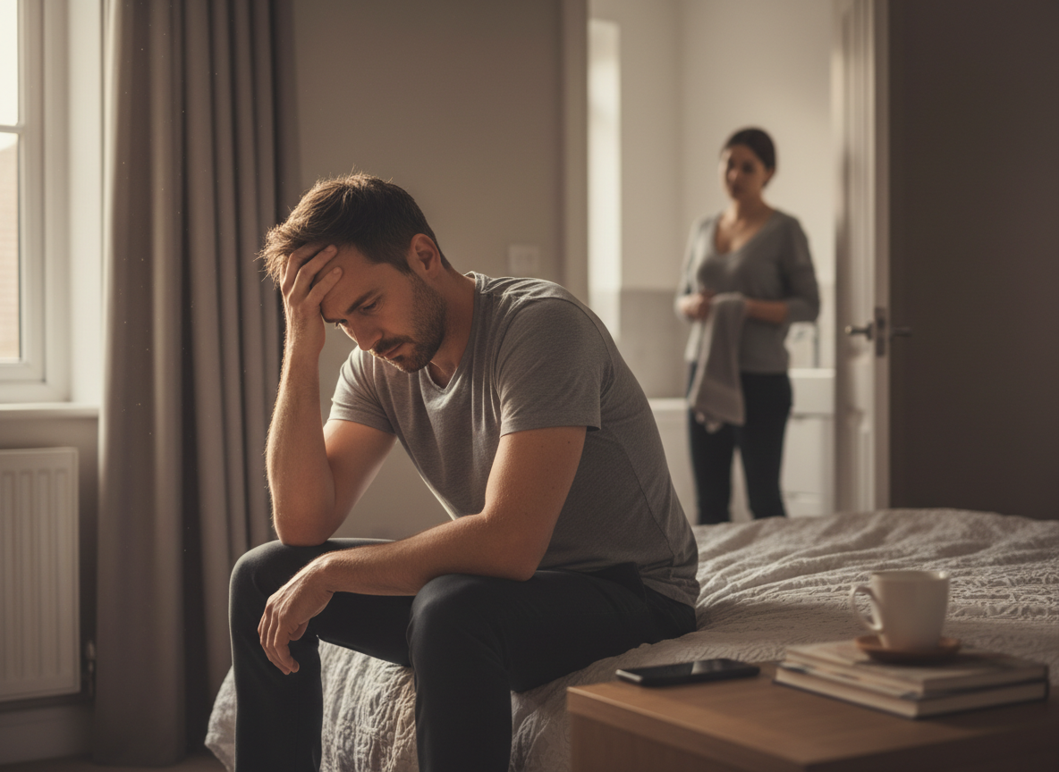 How long does Tadalafil last after taking it – ED stress and relationship pressure (real-life image) | courierpharmacy.co.uk courierpharmacy.co.uk image for “How long does Tadalafil last after taking it” showing an adult man sitting on a bed with his head in his hand, looking worried, with a partner blurred in the background, representing erectile dysfunction stress and performance anxiety.