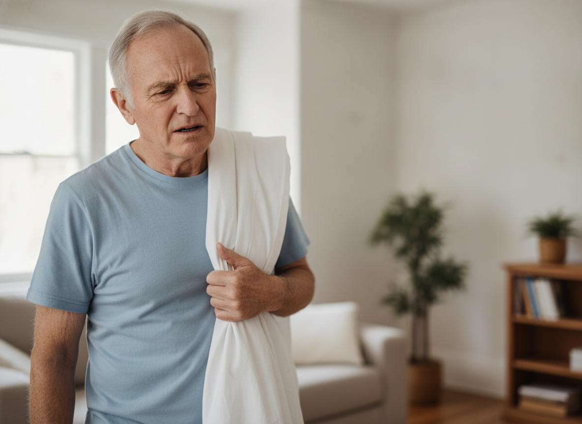 Real-life UK home scene showing touch sensitivity and discomfort linked to post-herpetic neuralgia, part of the Dr Ada Jex Cori series for courierpharmacy.co.uk.
