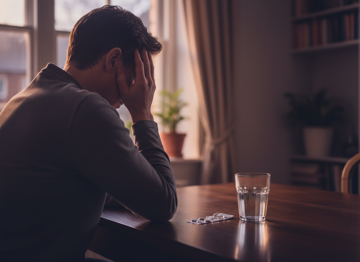 courierpharmacy.co.uk real-life photo of an adult man sitting at a table holding his head, with a glass of water and an unbranded blister pack nearby, representing headache or discomfort as a possible tadalafil 5mg side effect.