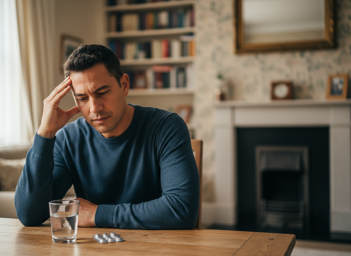 courierpharmacy.co.uk image for “Tadalafil 5mg: A UK patient’s guide to daily treatment” showing an adult man sitting at a table holding his temple, with a glass of water and an unbranded blister pack, representing headache as a possible tadalafil 5mg side effect.