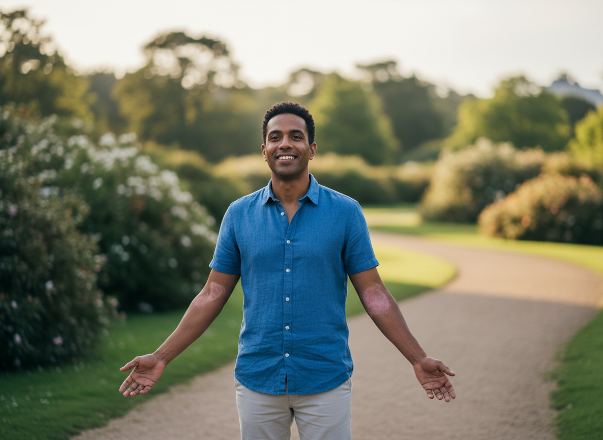 Real-life photo of a UK adult outdoors feeling more confident with psoriasis under better control, for courierpharmacy.co.uk.