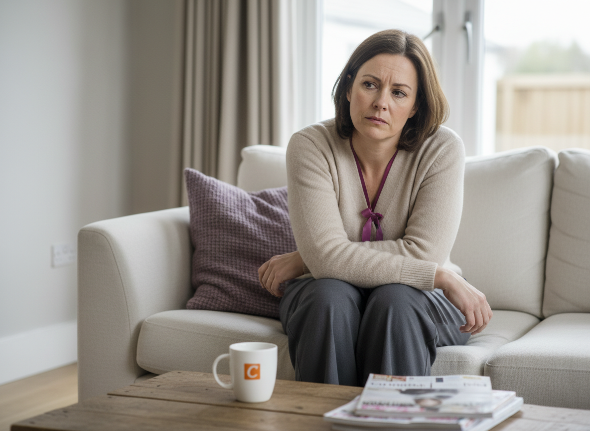 Real-life style image for courierpharmacy.co.uk of a woman at home looking uncomfortable and distracted, reflecting the day-to-day impact of vaginal dryness.
