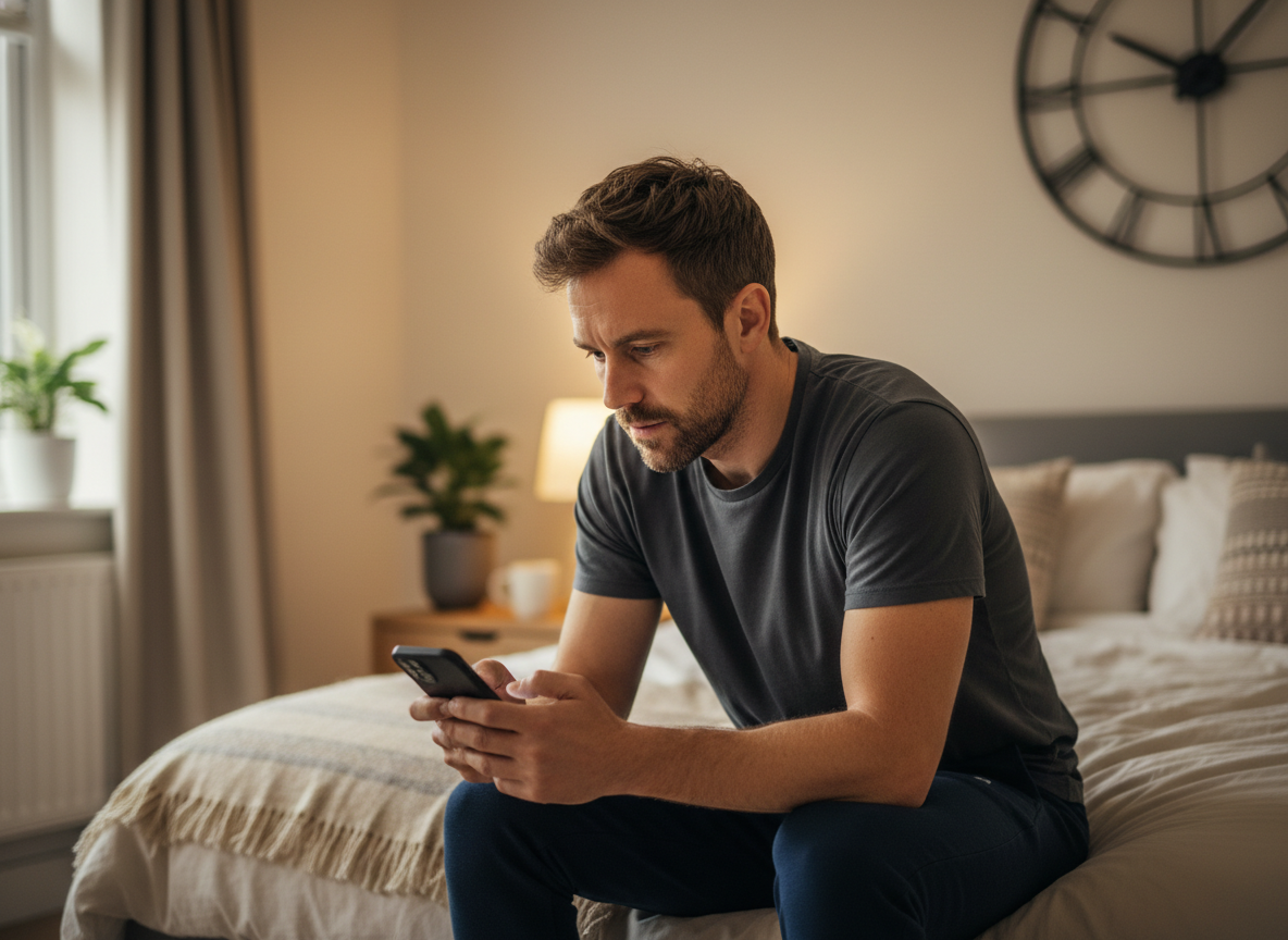Real-life style image of a man looking stressed while checking the time, showing the pressure of timing intimacy around tablets.