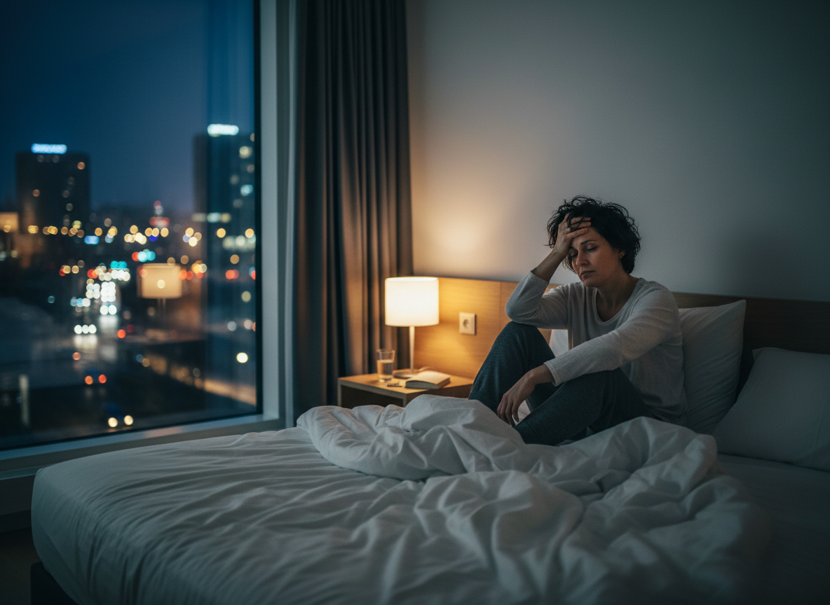 Real-life editorial image for courierpharmacy.co.uk of a traveller awake in a hotel room at night, looking tired and restless, showing a common jet lag experience.