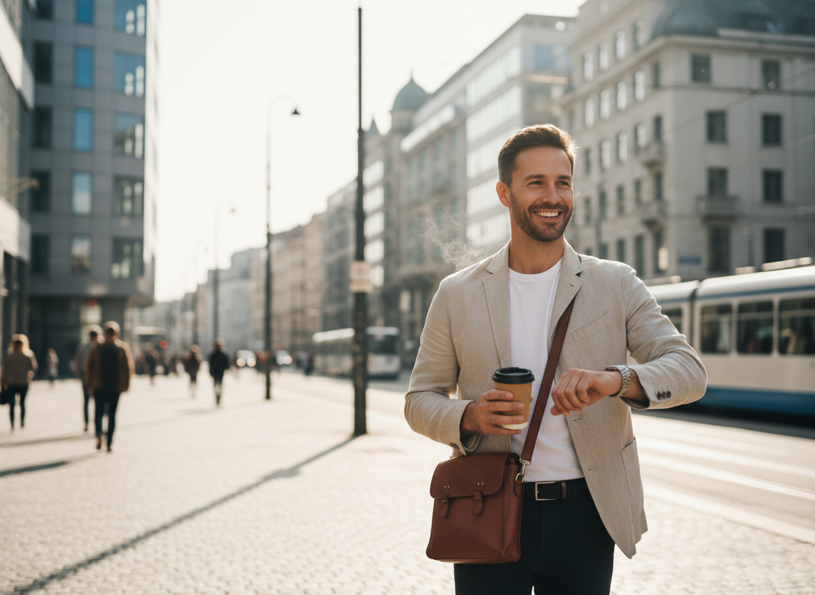 Real-life editorial image for courierpharmacy.co.uk of a traveller outdoors in morning daylight in a new city, looking refreshed and energised, showing successful jet lag recovery.