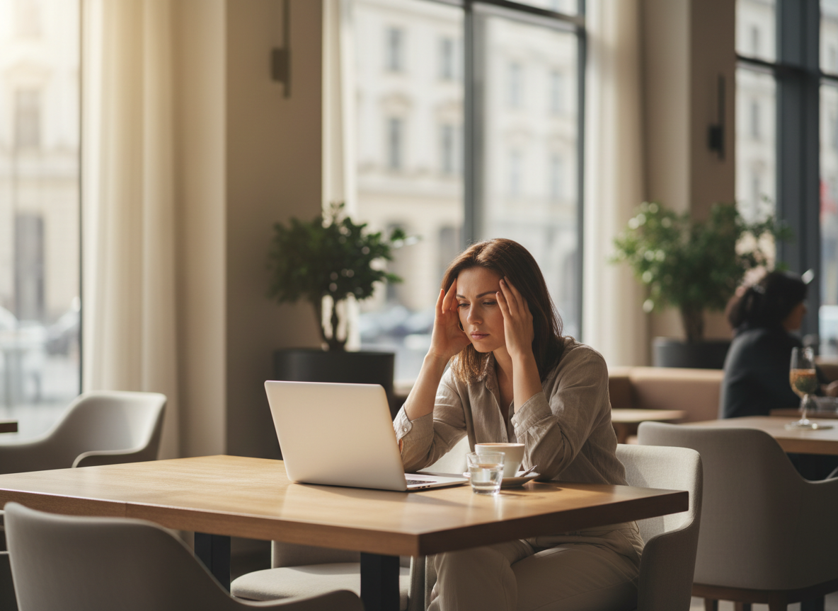 Real-life style image for courierpharmacy.co.uk of a traveller in daylight looking foggy and fatigued, struggling to concentrate due to jet lag.