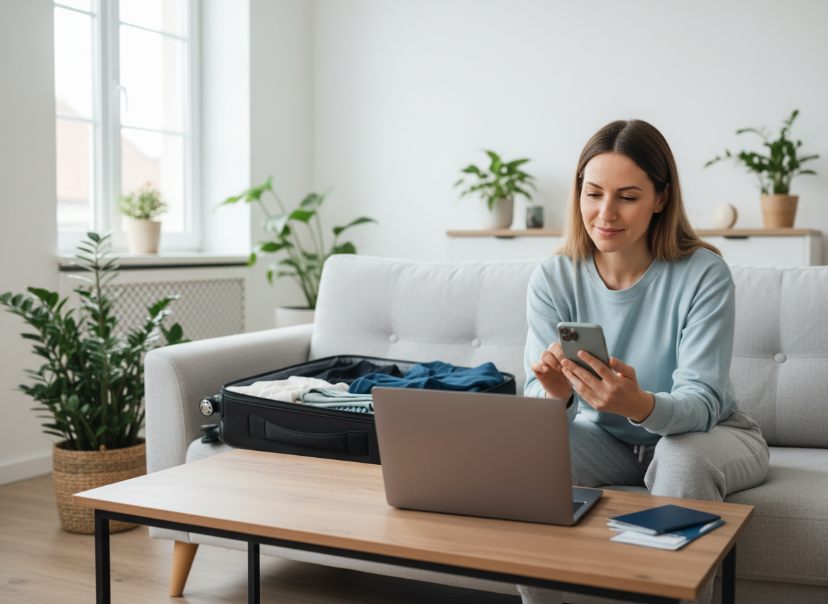 Real-life image for courierpharmacy.co.uk of a person using a laptop for a discreet online consultation about jet lag support and prescription melatonin before travelling.