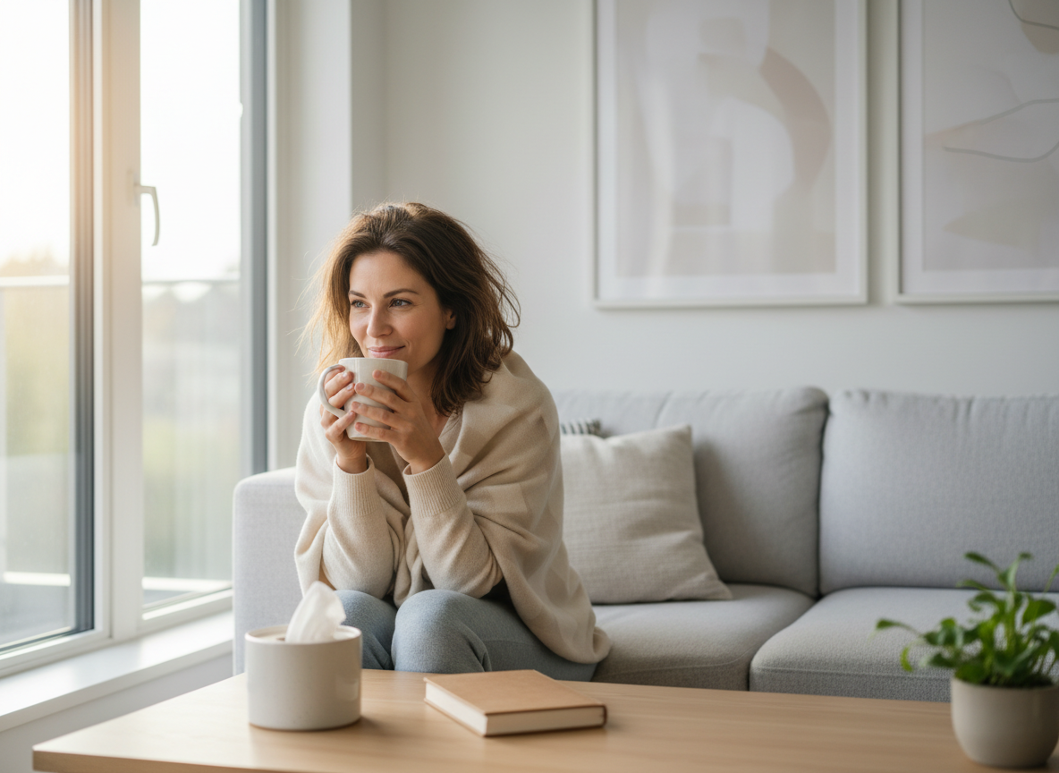 Real-life editorial image for courierpharmacy.co.uk of a person in morning daylight looking relieved and more energised after recovering from a cough or cold.
