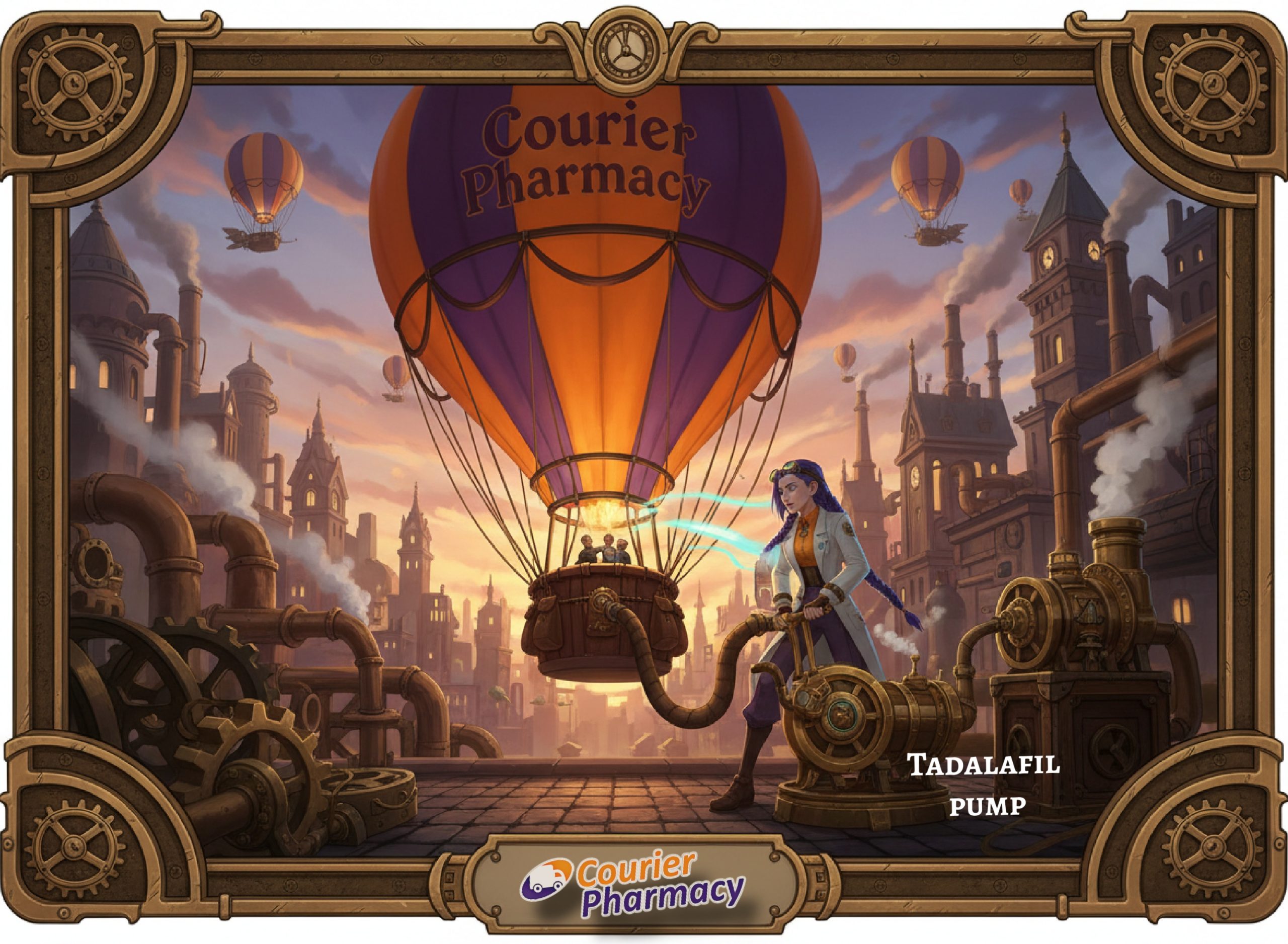courierpharmacy.co.uk image for “Tadalafil 5mg: A UK patient’s guide to daily treatment” showing Dr Ada Jex Cori in a steampunk city using a “tadalafil pump” to inflate a Courier Pharmacy hot air balloon, as a metaphor for supporting blood flow.