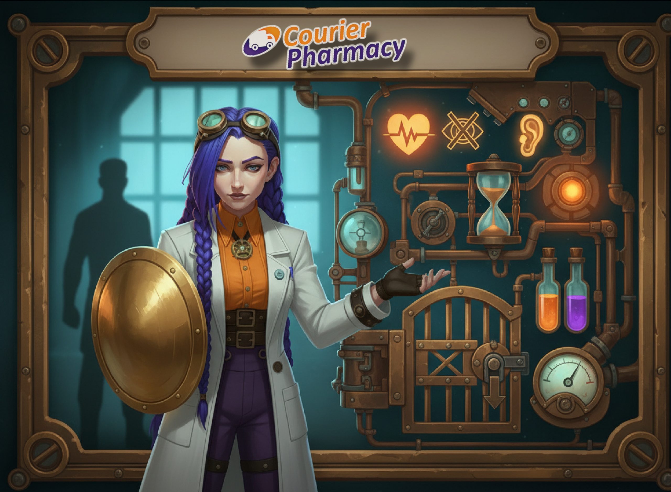 courierpharmacy.co.uk infographic of Dr Ada Jex Cori holding a shield beside safety icons and a locked gate mechanism, representing tadalafil 5mg red flags, interactions and when to seek urgent help.