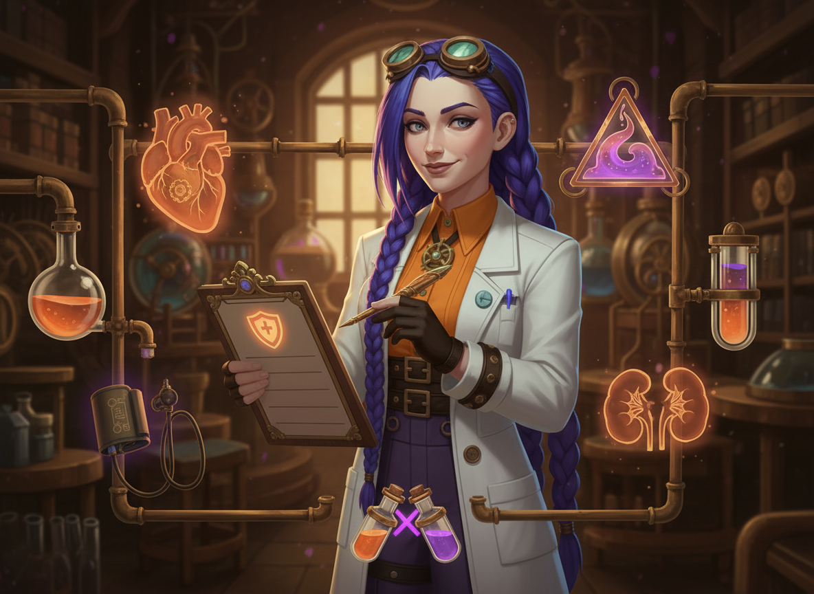 Dr Ada Jex Cori holds a checklist-style scene with heart and blood pressure symbols and medicine interaction cues, highlighting key safety checks for tadalafil.