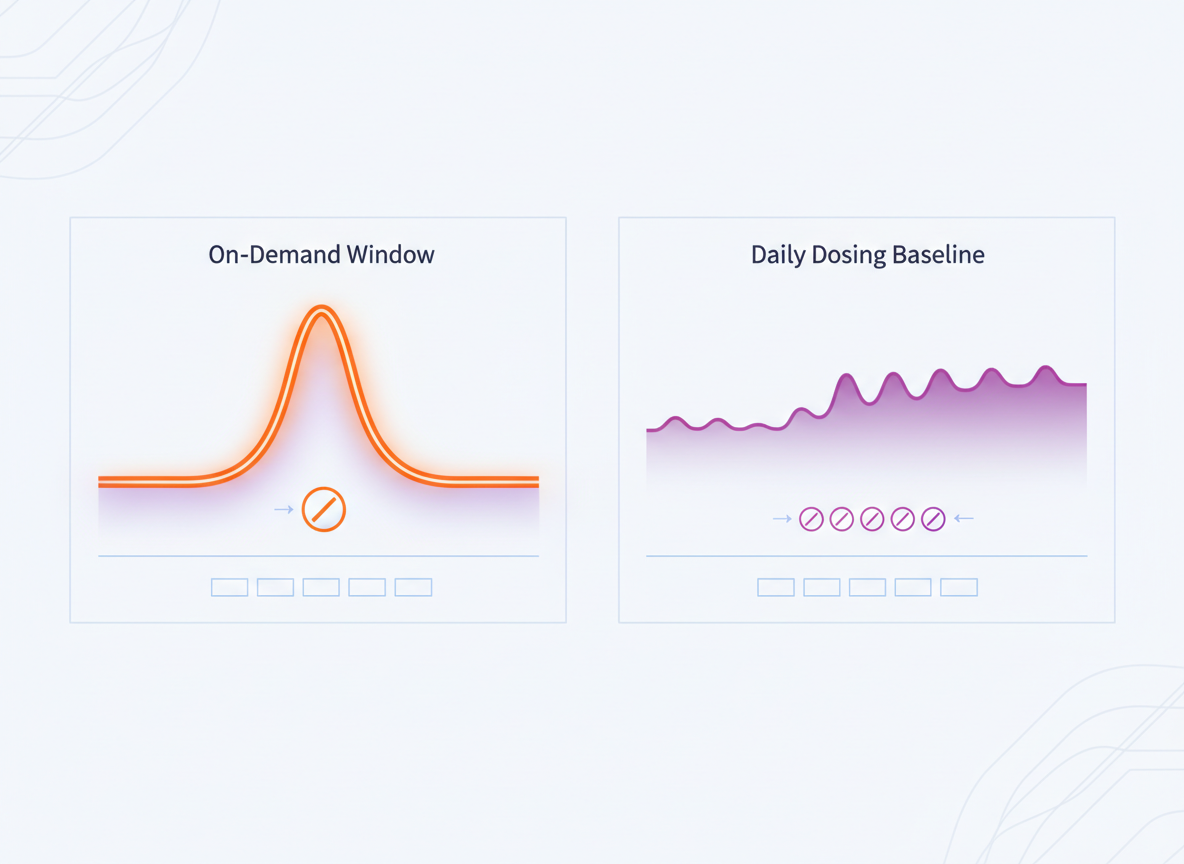Technical side-by-side visual comparing a single timed effect window versus a steady background level across days for daily tadalafil 5mg.