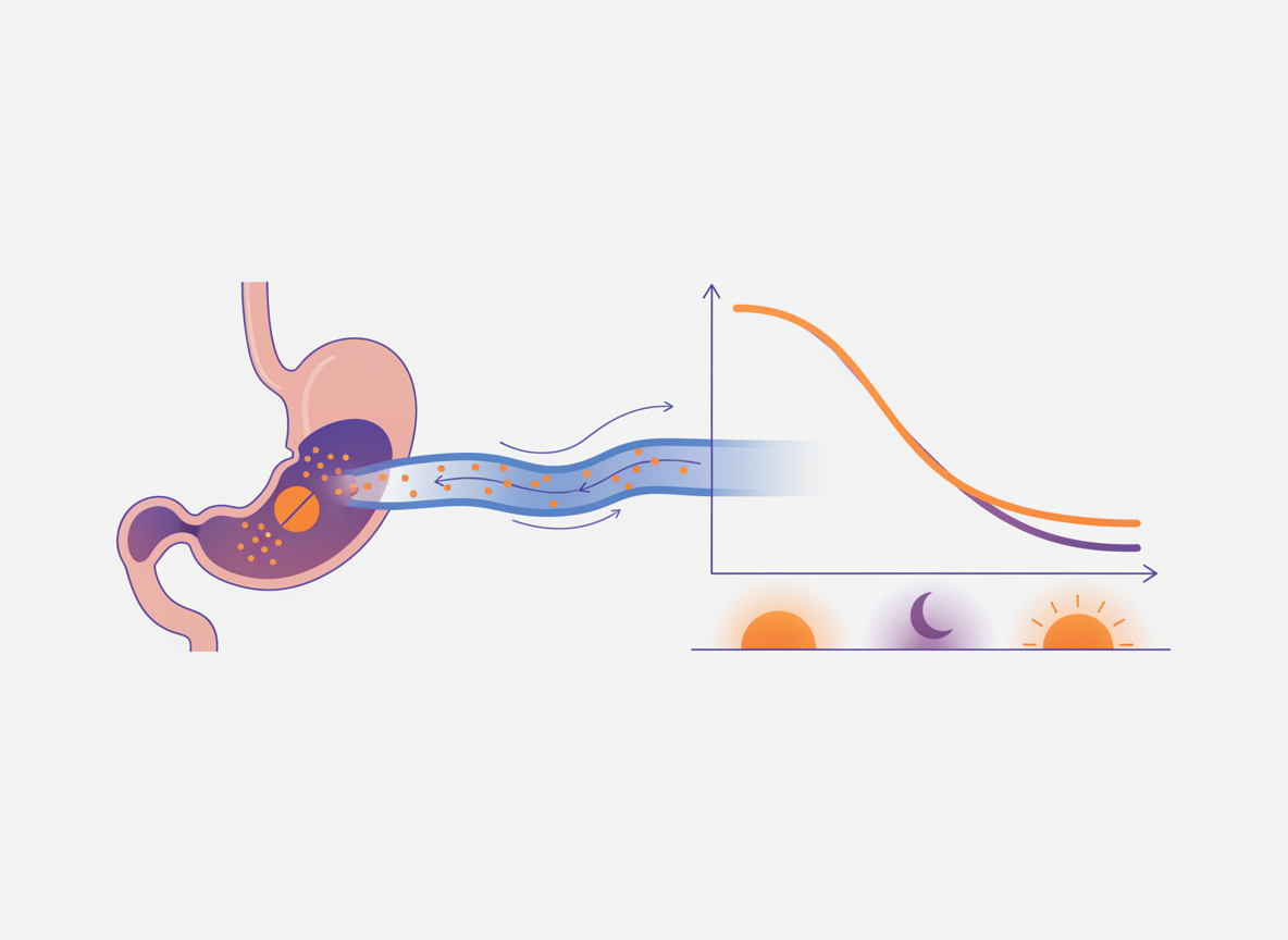 Technical diagram-style image showing tadalafil absorption into the bloodstream and a slow decline curve, illustrating a long half-life.