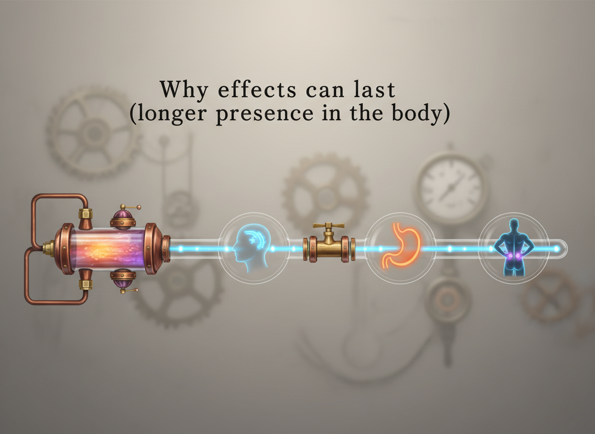 courierpharmacy.co.uk technical infographic showing a glowing reservoir feeding a long tube over time, with icons for headache, indigestion and lower back pain to represent tadalafil’s longer duration and possible lingering side effects.