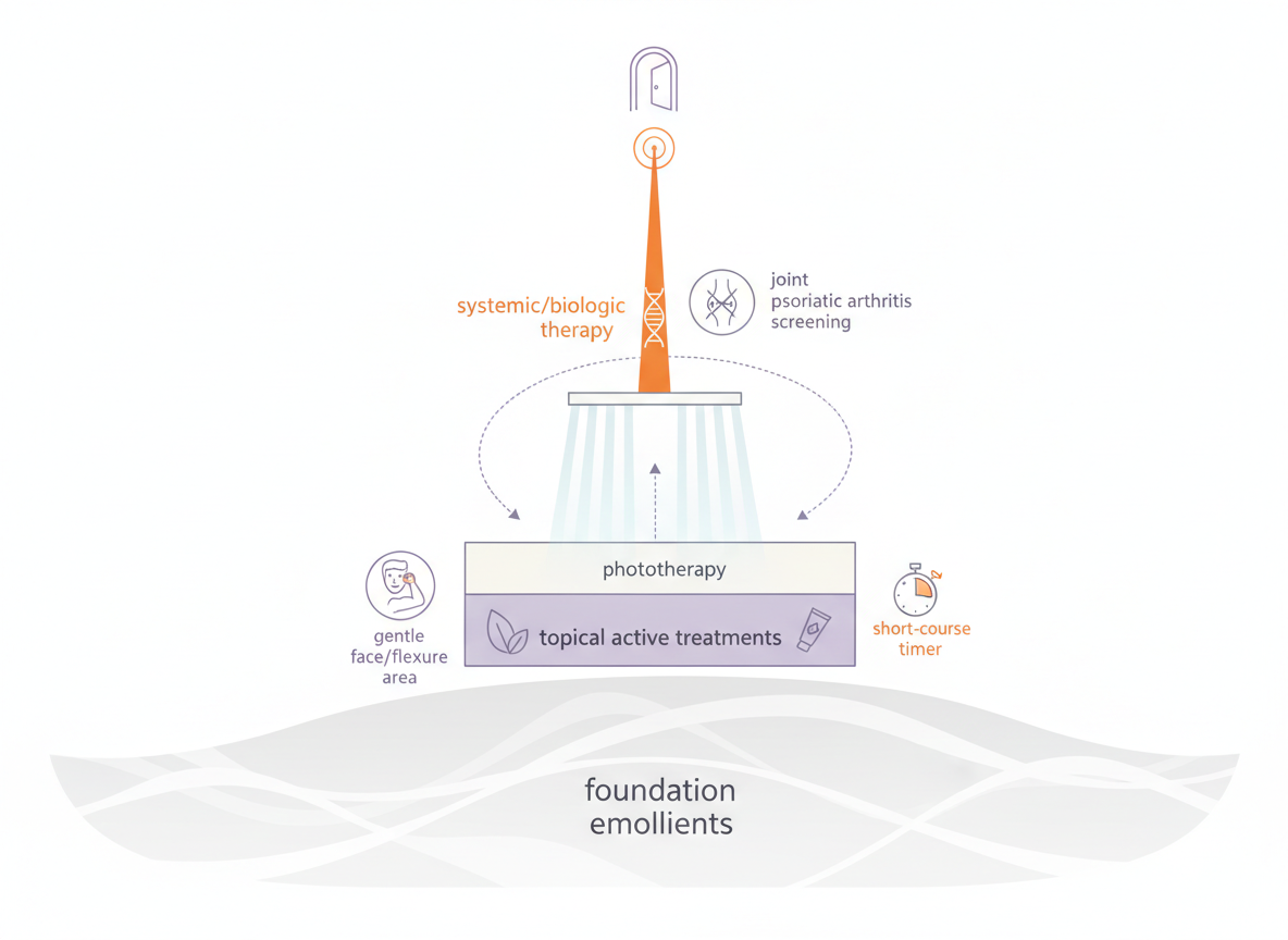 echnical pathway illustration showing stepwise psoriasis treatment options from emollients to specialist care for courierpharmacy.co.uk.