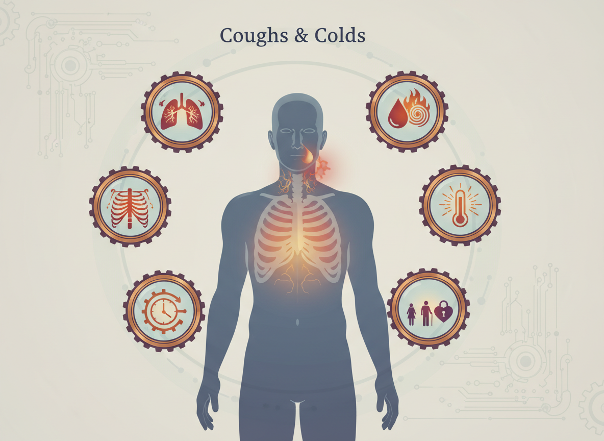 Technical safety infographic for courierpharmacy.co.uk showing warning icons around a human silhouette for cough and cold red flags such as breathlessness, chest pain and persistent symptoms.