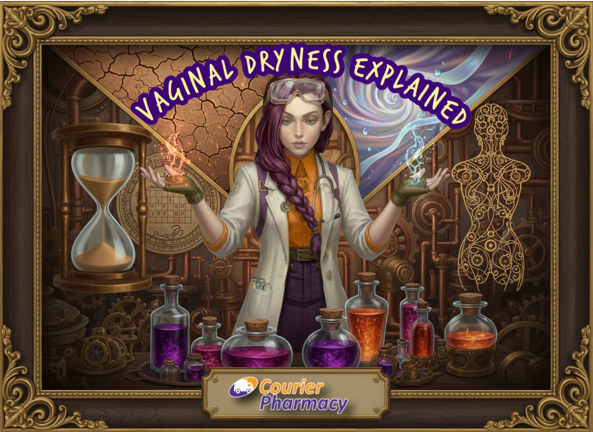 Dr Ada Jex Cori in a steampunk pharmacy lab for courierpharmacy.co.uk, surrounded by visual symbols for vaginal dryness, irritation, moisturising, and treatment options, with clear space left for a title.