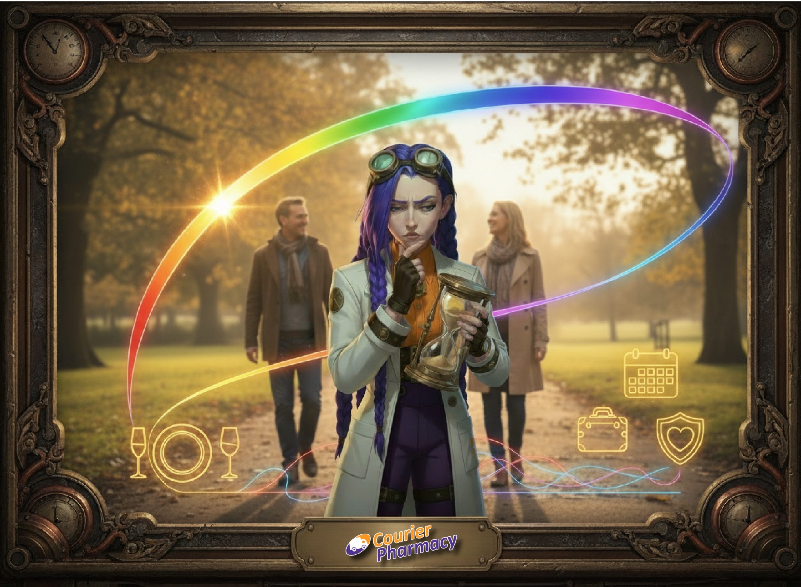How long does Tadalafil last after taking it – Dr Ada Jex Cori hourglass duration infographic | courierpharmacy.co.uk courierpharmacy.co.uk infographic for “How long does Tadalafil last after taking it” showing Dr Ada Jex Cori holding an hourglass with a long rainbow time arc, with a happy couple walking in a UK park in the background and icons for food, alcohol, calendar and safety.