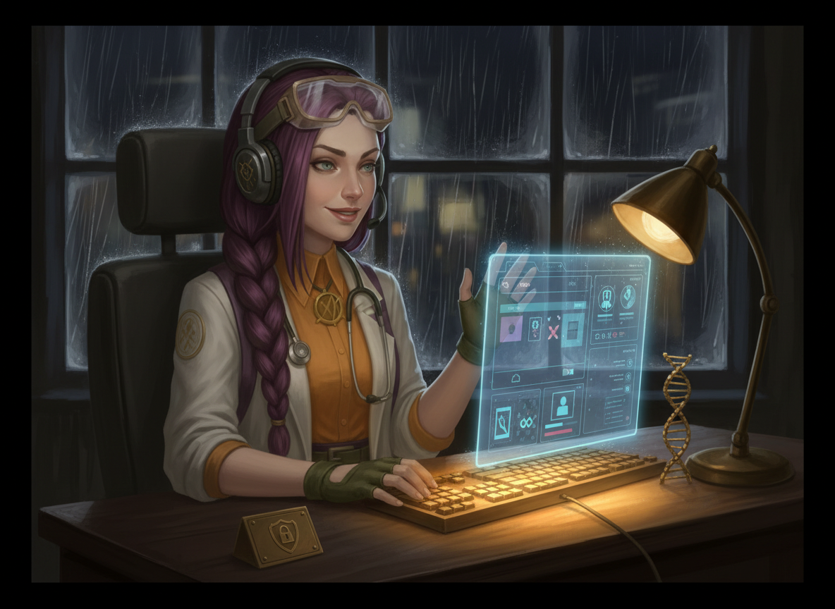 Dr Ada Jex Cori at a noir steampunk support desk with a headset, lit by a warm lamp and a purple-glowing screen with abstract icons. courierpharmacy.co.uk