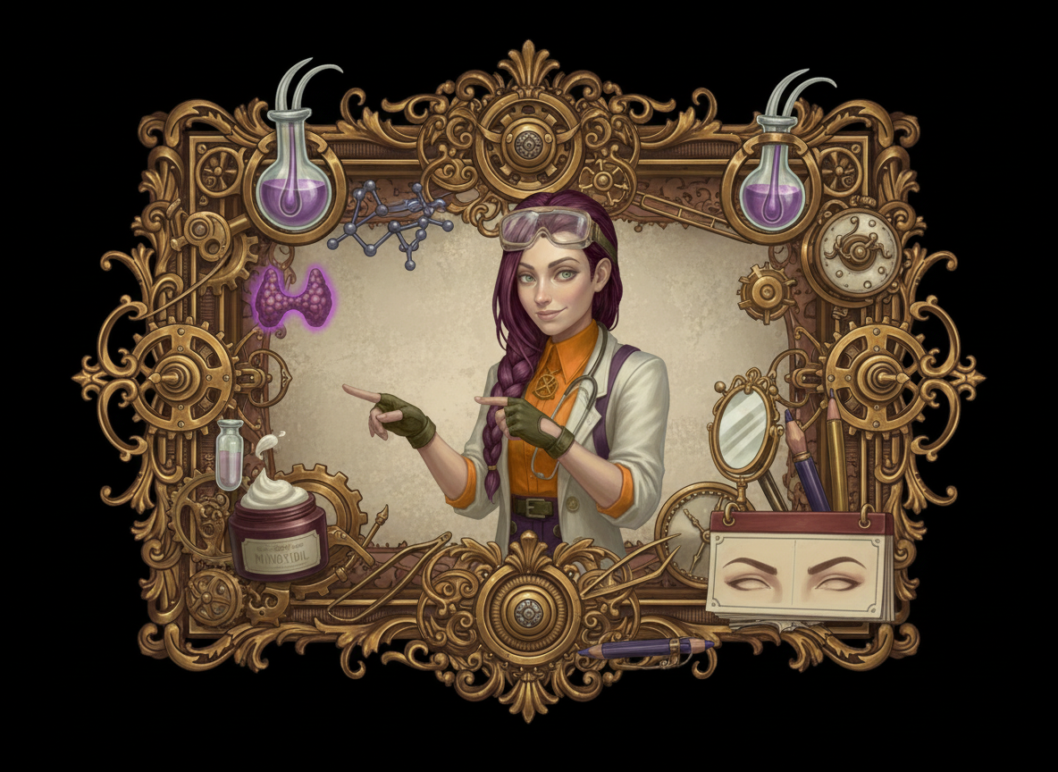 Dr Ada Jex Cori in a steampunk lab collage with eyebrow and follicle motifs, testing symbols and treatment props for eyebrow hair growth.