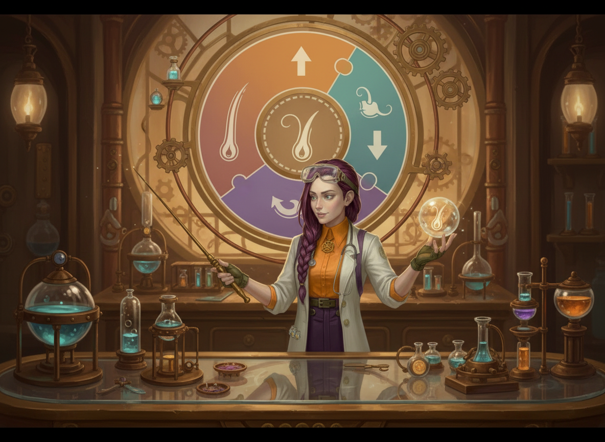 Dr Ada Jex Cori pointing to a visual hair growth cycle diagram in her steampunk laboratory. courierpharmacy.co.uk