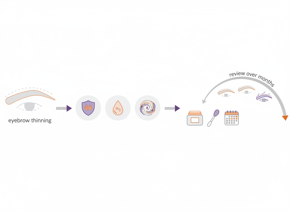 Text-free decision pathway diagram showing eyebrow thinning, testing icons, treatment routine props and a progress arc.