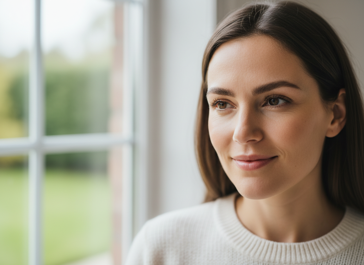 Person in natural daylight looking calm and more confident, with natural-looking fuller eyebrows.