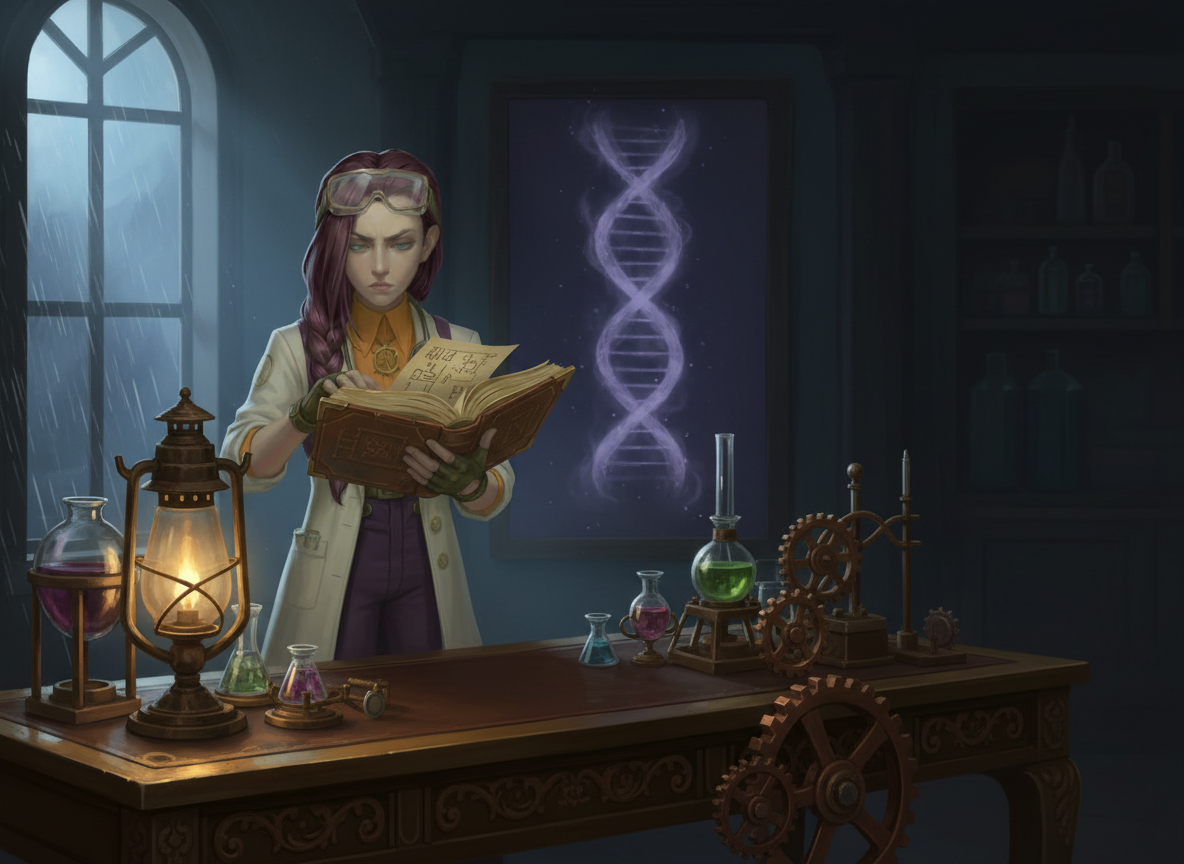 Dr Ada Jex Cori reading a leather-bound report in a moody steampunk laboratory with subtle DNA imagery in the background. courierpharmacy.co.uk