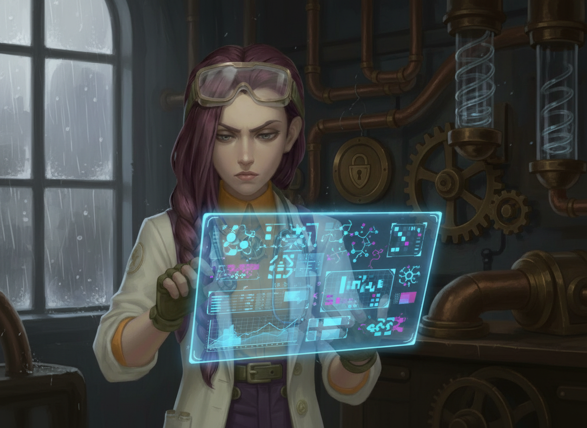 Dr Ada Jex Cori studying a glowing holographic results panel with abstract charts and icons in a dark laboratory. courierpharmacy.co.uk