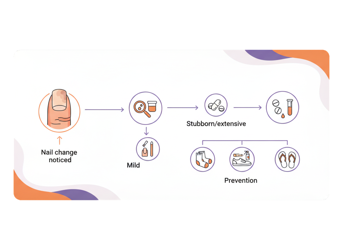  Text-free pathway diagram showing nail change noticed, assessment, topical lacquer routine, tablets with monitoring, and prevention steps.