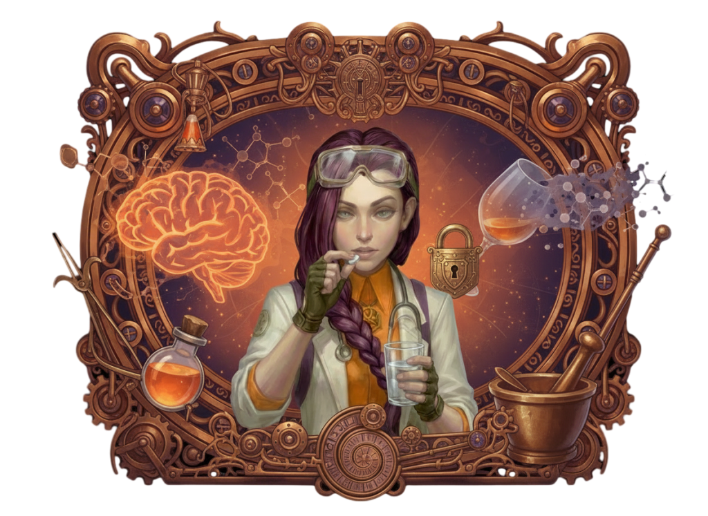 Dr Ada Jex Cori holding a tablet and glass of water in a steampunk collage with a glowing brain, padlock symbol and fading alcohol glass, illustrating The Sinclair Method on courierpharmacy.co.uk.