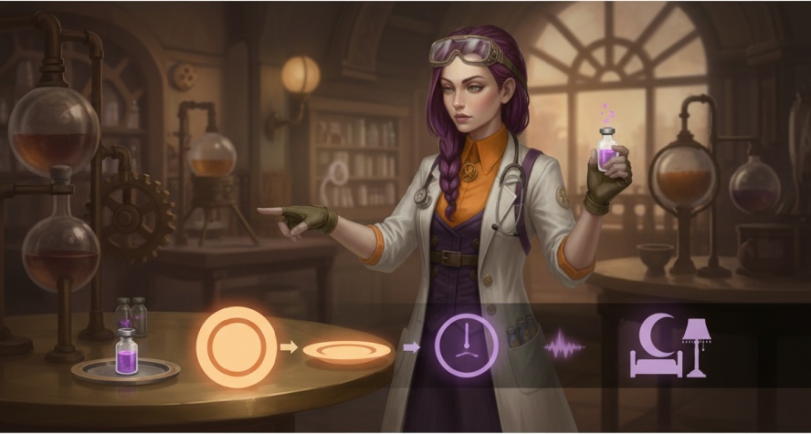 (courierpharmacy.co.uk): Dr Ada Jex Cori pointing to meal-prep timing cues, showing Nalcrom doses taken before meals and with a bedtime anchor.