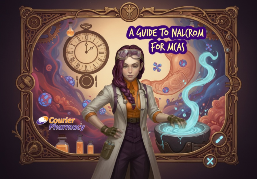 (courierpharmacy.co.uk): Dr Ada Jex Cori in a steampunk lab collage with mast cell symbols, stomach illustration, meal-timing cues and medicine tools, representing Nalcrom for MCAS.