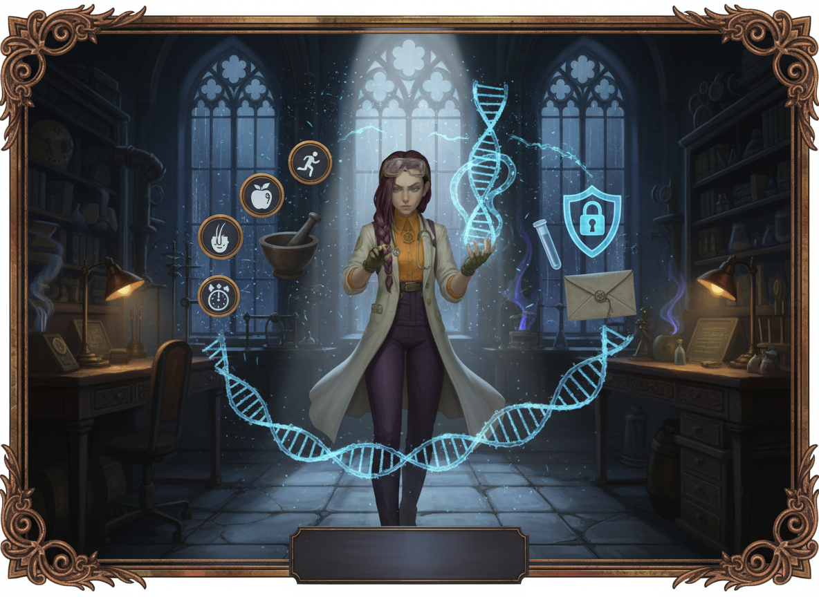 Dr Ada Jex Cori in a dark steampunk lab holding a glowing DNA-like vial, surrounded by symbols of genetic testing, privacy, and personalised treatments. courierpharmacy.co.uk