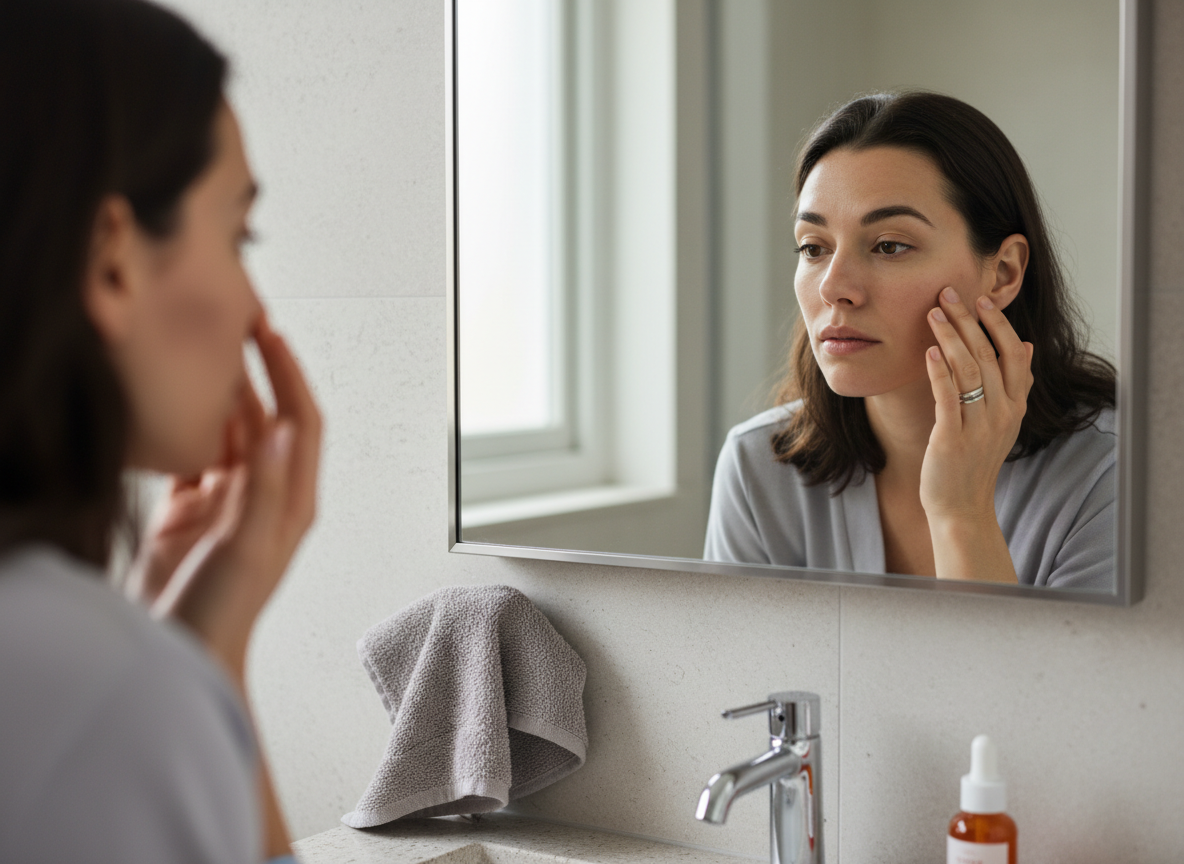 Real-life photo of a person looking in the mirror and noticing dark patches from hyperpigmentation in soft morning light for courierpharmacy.co.uk