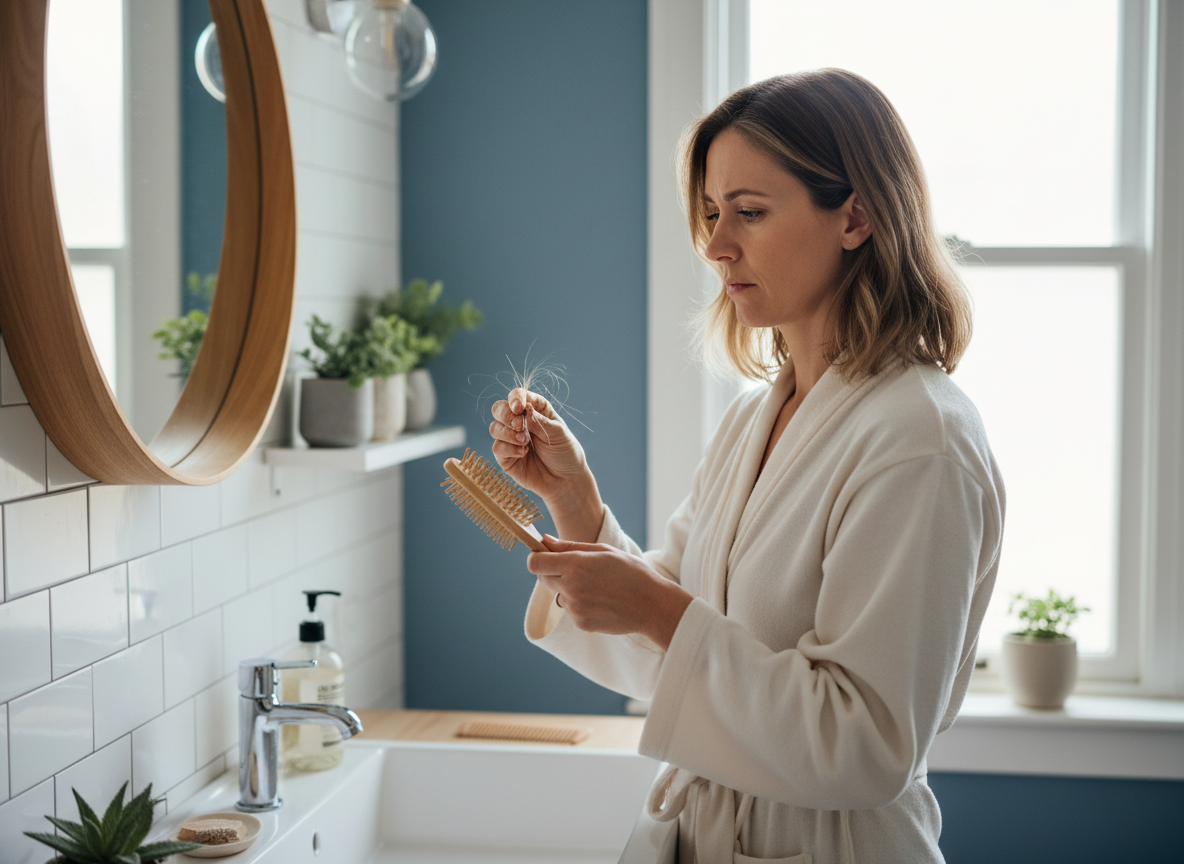 Woman in a bright bathroom looking concerned at hair strands in a hairbrush. courierpharmacy.co.uk